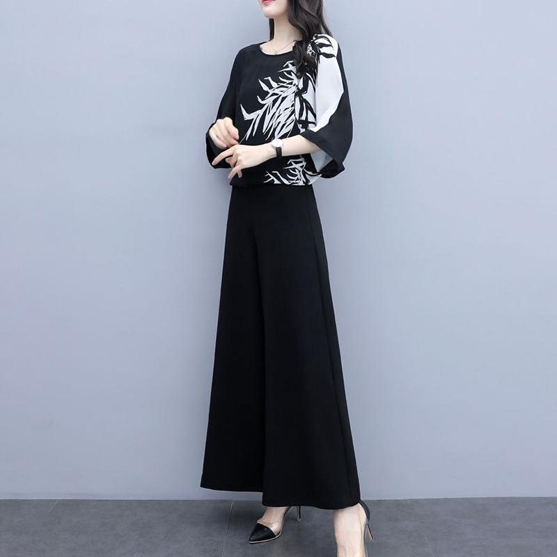 Women's Black Two-piece Wide-leg Trousers Printed Belly Slimming Shirt Casual Suit Women's Plus Size Temperament Casual Loose Suit