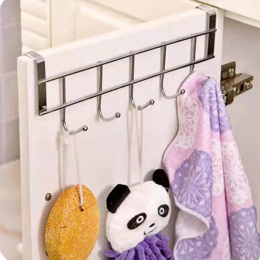 Stainless Steel Five-hook Cabinet Door Back Towel Rack Rag Rack 5-hook Coat Hook Kitchen Door Back Hook Rack With Cleaning Brush
