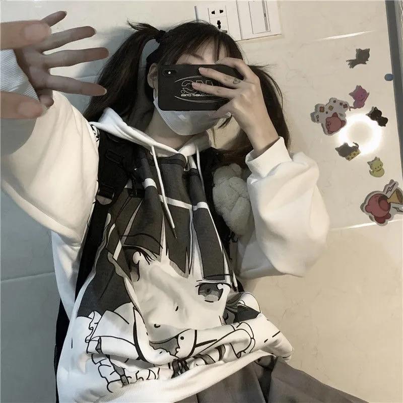 Winter Hoodies Women Anime Printed Fashion Oversized Pullover Sweatshirts Plus Size Loose Casual Hooded Tracksuit Harajuku White Sport Shirts