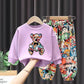Boys and Girls Wear Cute Bear Print Sweater + Anime Print Pants Casual Loose Spring and Autumn Comfortable Breathable Sweat Two-piece Suit