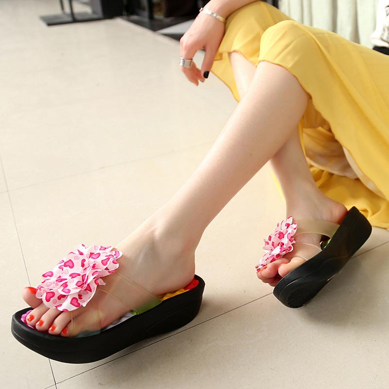 Summer Foam Sandals Women's Ultra-light Beach One-word Slippers Thick-soled High-heeled Flowers Home Non-slip Women's Slippers