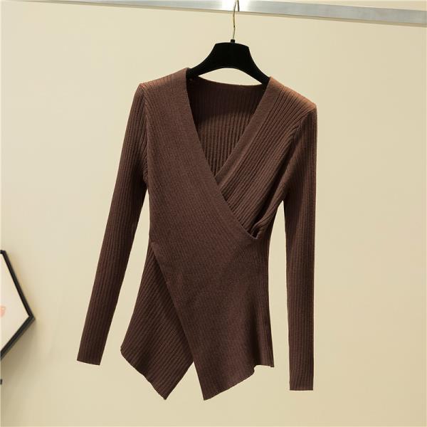 2021 Long-sleeved Cross V-neck Bottoming Shirt Women Autumn and Winter Knit Sweater