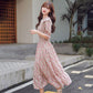 Women's Summer Dress with Waist and Thin French Retro Style Elegant and Sweet Chiffon Floral Mid-length Skirt Fabric Light and Breathable