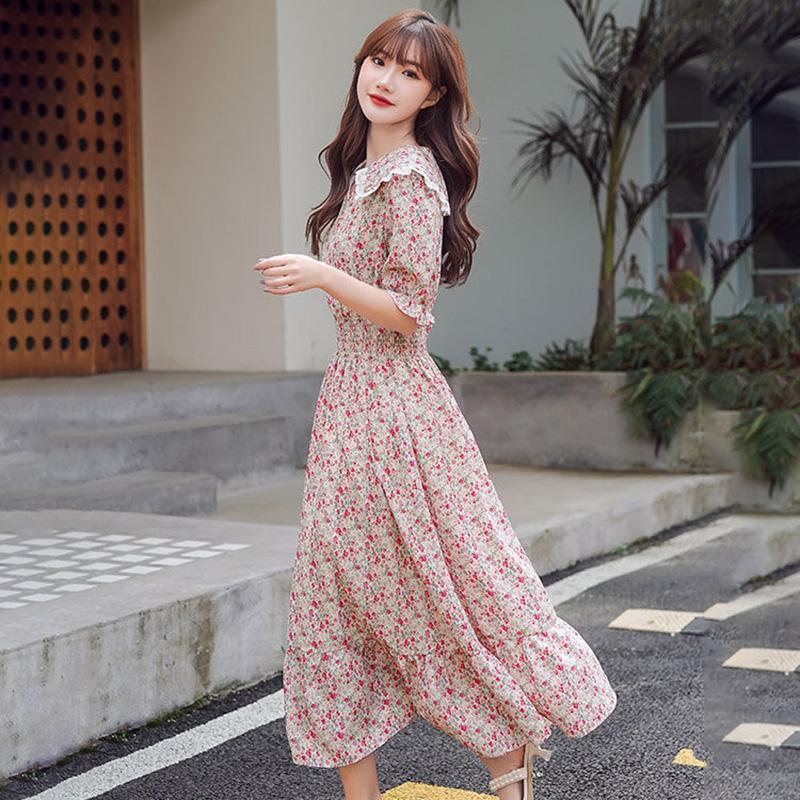 Women's Summer Dress with Waist and Thin French Retro Style Elegant and Sweet Chiffon Floral Mid-length Skirt Fabric Light and Breathable