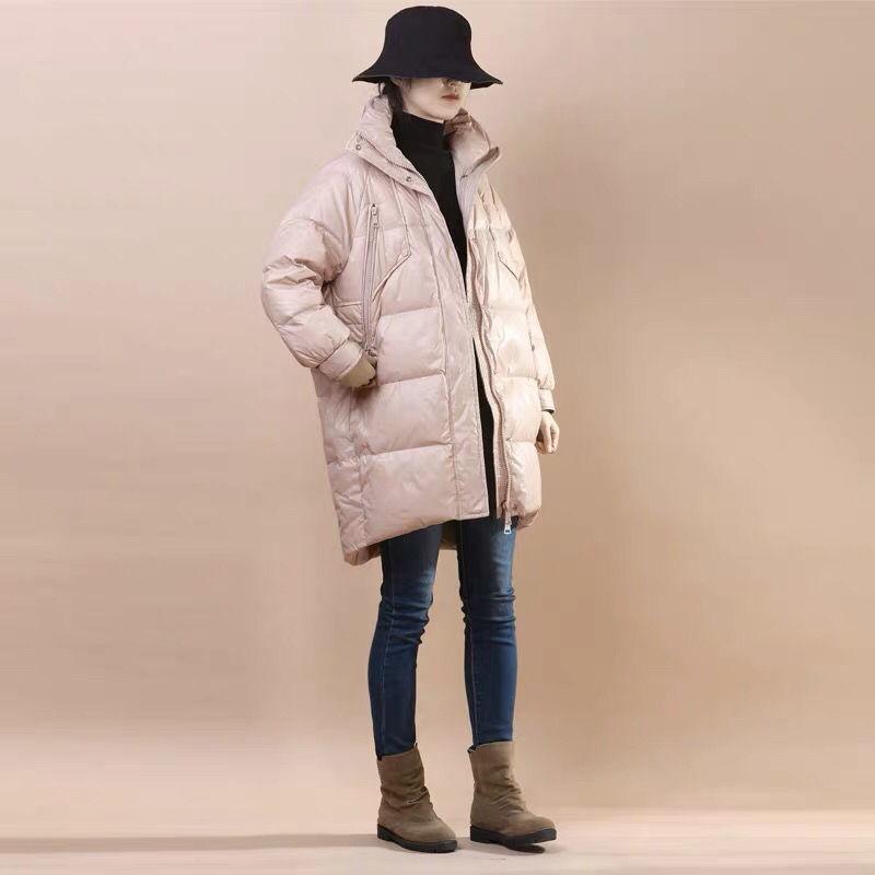 Mid-length Down Jacket Women Winter Korean Version of Loose Stand-up Collar Shiny Down Jacket Bread Suit Jacket