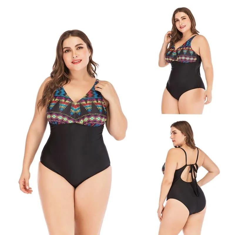 Plus Size One Piece Swimsuit women's open Back Geometric Printded Breathable Swimwear Slim Beachwear Bikini
