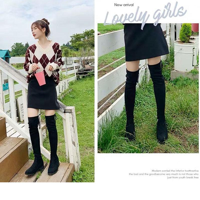 Black Elastic Flock Slim Fit Over The Knee Boots Women Autumn Winter Ladies High Heel Plus Velvet Thigh High Boots Chunky Heel Suede Boots