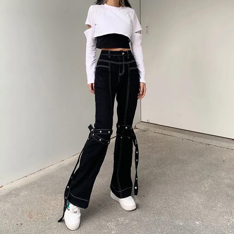 Europe and The United States Street Cool Street Shooting Straps High Waist Jeans Slim Legs Long Casual Wild