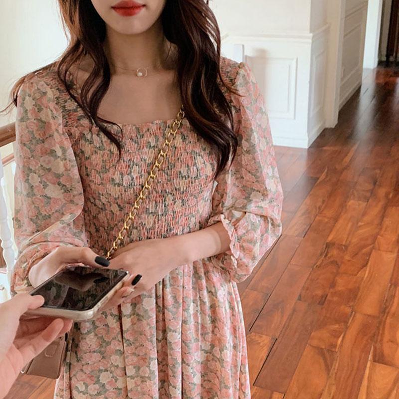Gentle Color All-match Floral Mid-length Slim Chiffon Midi Skirt Dress