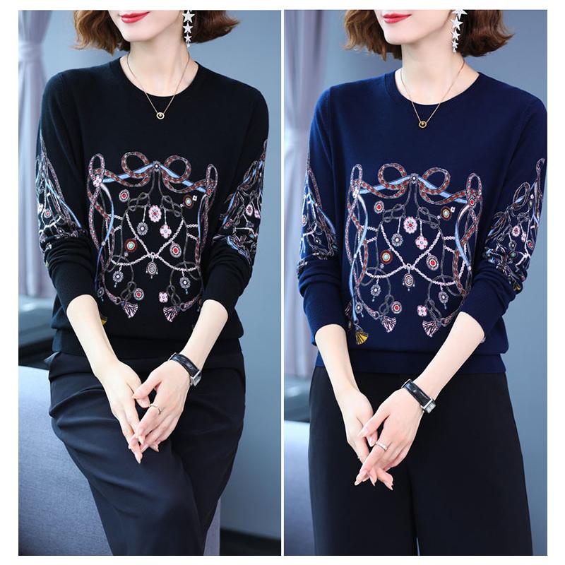 Women's Autumn and Winter Printed Sweater Round Neck Long Sleeve Knit Sweater Middle-aged and Elderly Mother Sweater