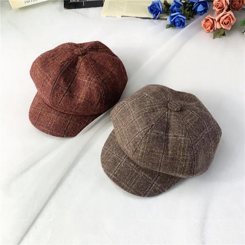 Kids hat British plaid octagonal hat children's autumn winter painter hats child boys caps all-match outdoor casual girls berets hat 2-8Y