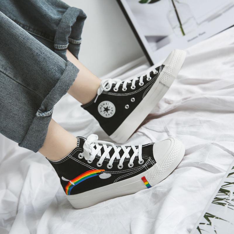 Rainbow high-top canvas shoes students breathable all-match college wind shoes ins casual shoes