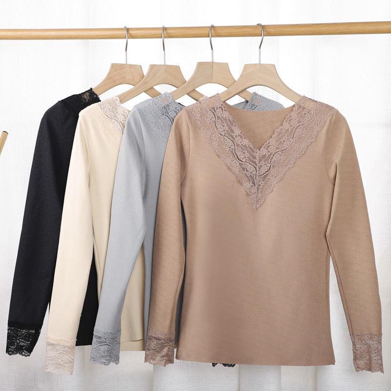 Women Winter Autumn Warm Thermal Underwear Lace V-neck Tops Female Tight Thicken Windproof Comfortable Soft Lining Long Sleeve High Elasticity Slim