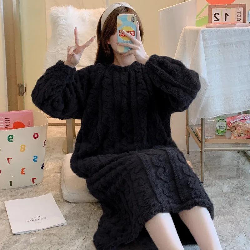 Women's Autumn Winter Thickened Coral Fleece Nightdress Large Size Loose Out Wear Warm Flannel Pajamas Solid Striped Crochet Maternity Pajamas