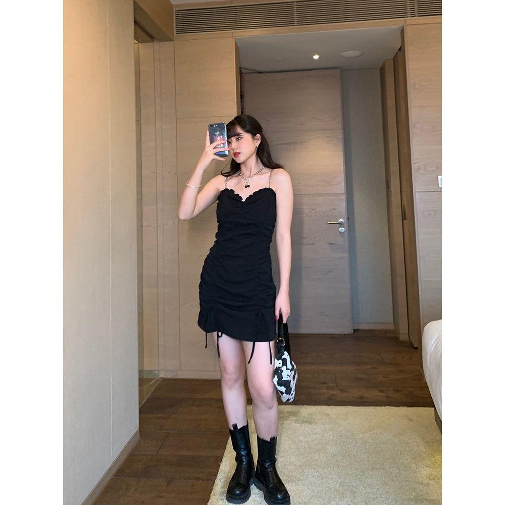 Slightly Fat Girl Summer Big Size Drawstring Chain Show Thin Sexy Girl Suspender Elegant Dress