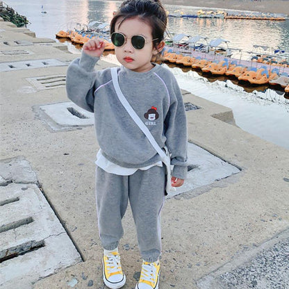 Girls' Suits Spring and Autumn Vacation Two-piece Sweater Long Pants Little Girls Loose Solid Color Two-piece Sweater Sets Casual Wear