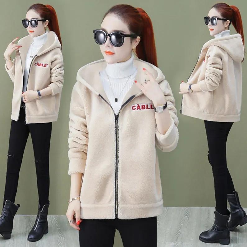 Fleece Thickened Faux Lamb Wool Coat Women's Short Korean Style Loose Autumn and Winter Hooded Top
