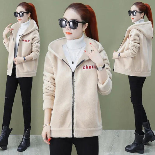 Fleece Thickened Faux Lamb Wool Coat Women's Short Korean Style Loose Autumn and Winter Hooded Top