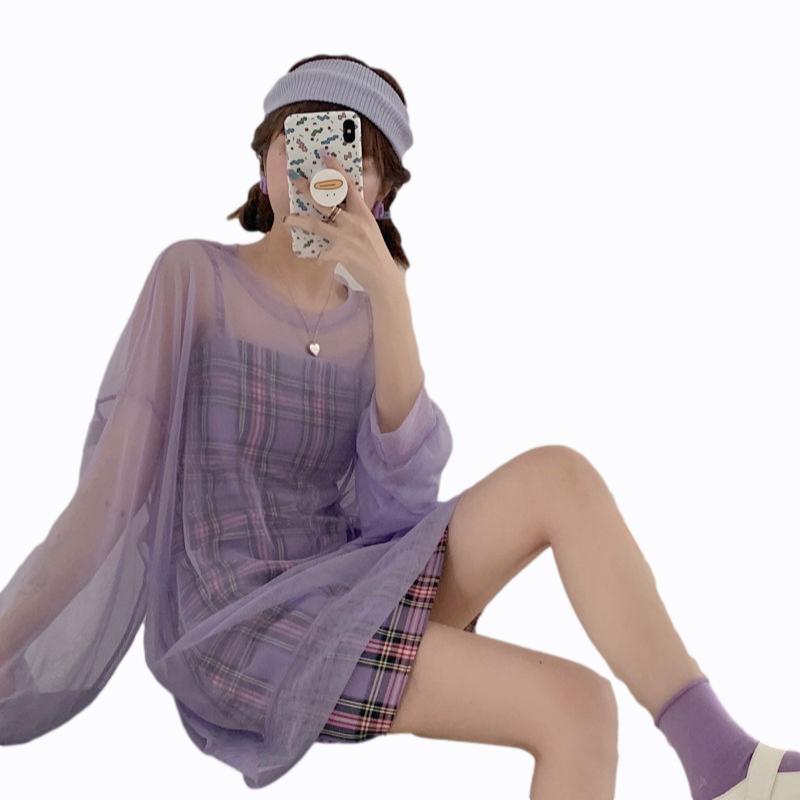 Purple Plaid Sling Dress 2 Pieces Ladies Suit Skirt Spring and Summer Sling  Casual Vacation Office Home