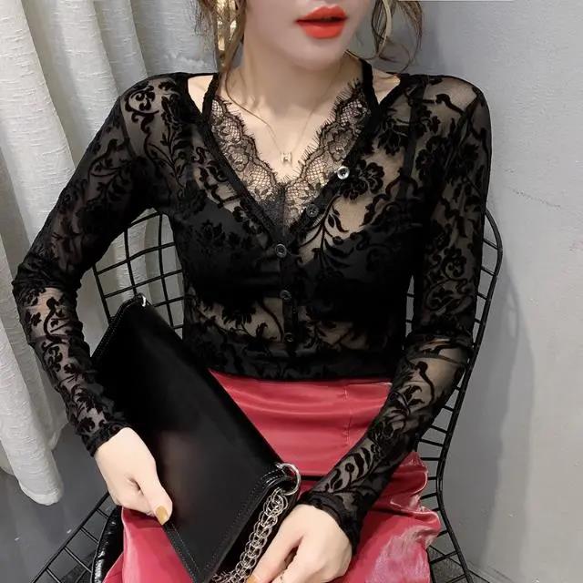 Spring Women's Slim Slim Long-sleeved V-neck Top Fashion Hollow Mesh Lace T-shirt See-through Dress