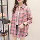 Women's Spring Summer Large Size Long Sleeve Shirts Female Vintage Loose Plaid Coats Turn Down Collar Button Tops Blouse