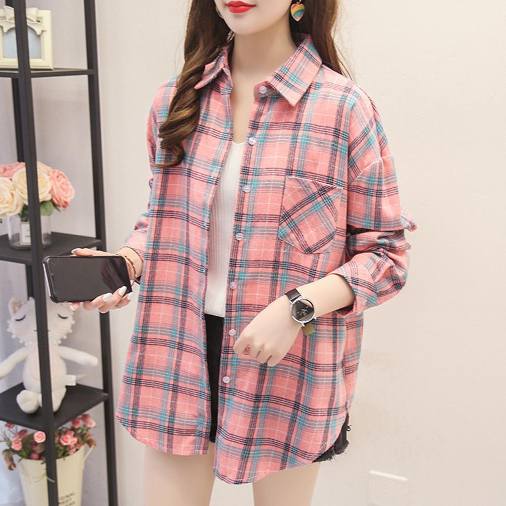Women's Spring Summer Large Size Long Sleeve Shirts Female Vintage Loose Plaid Coats Turn Down Collar Button Tops Blouse