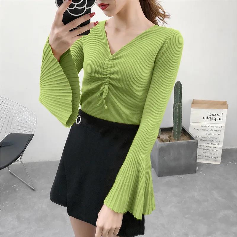 2021 Early Autumn Sweater Women's V-neck Drawstring Long-sleeved Pleated Flared Sleeve Sweater Top Bottoming