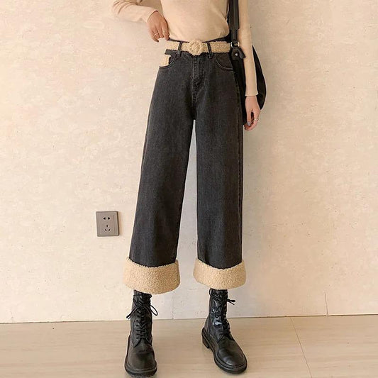 Winter Female Lamb Wool Thickened Wide Leg Jeans Women's Plush Warm High Waist Straight Loose All-match Denim Pants