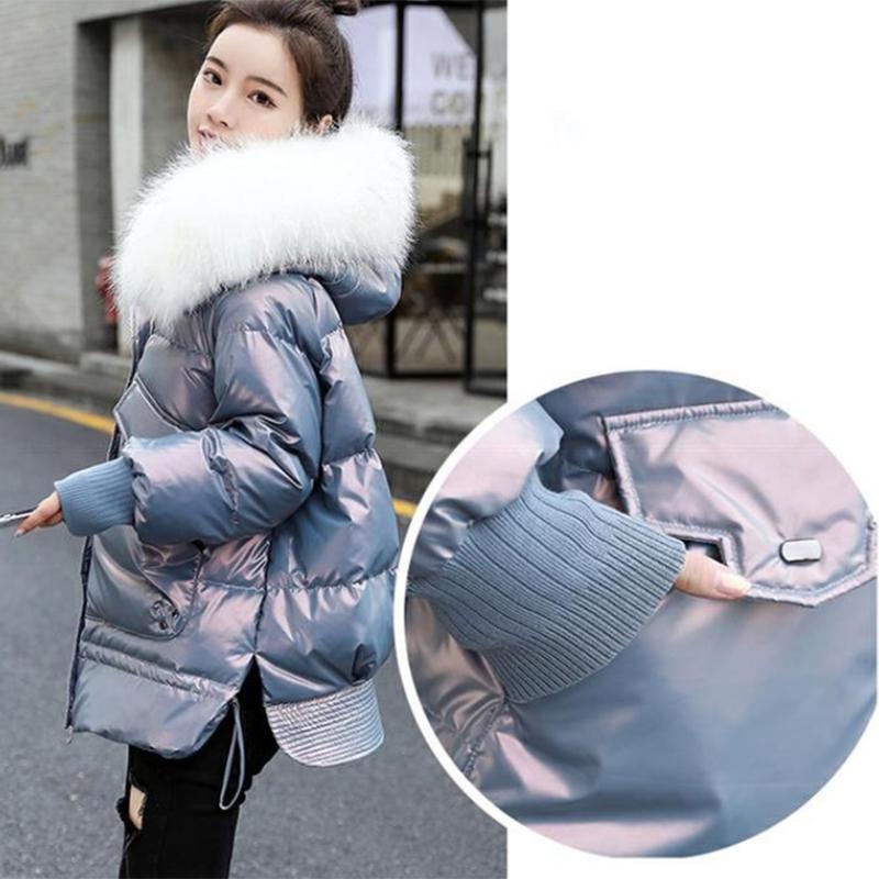 Women's Shiny Hooded Down Jacket Regular Korean Style Loose Thick Coat Warm Cotton Coat with Big Leather Collar Winter Jacket Quilted Jacket