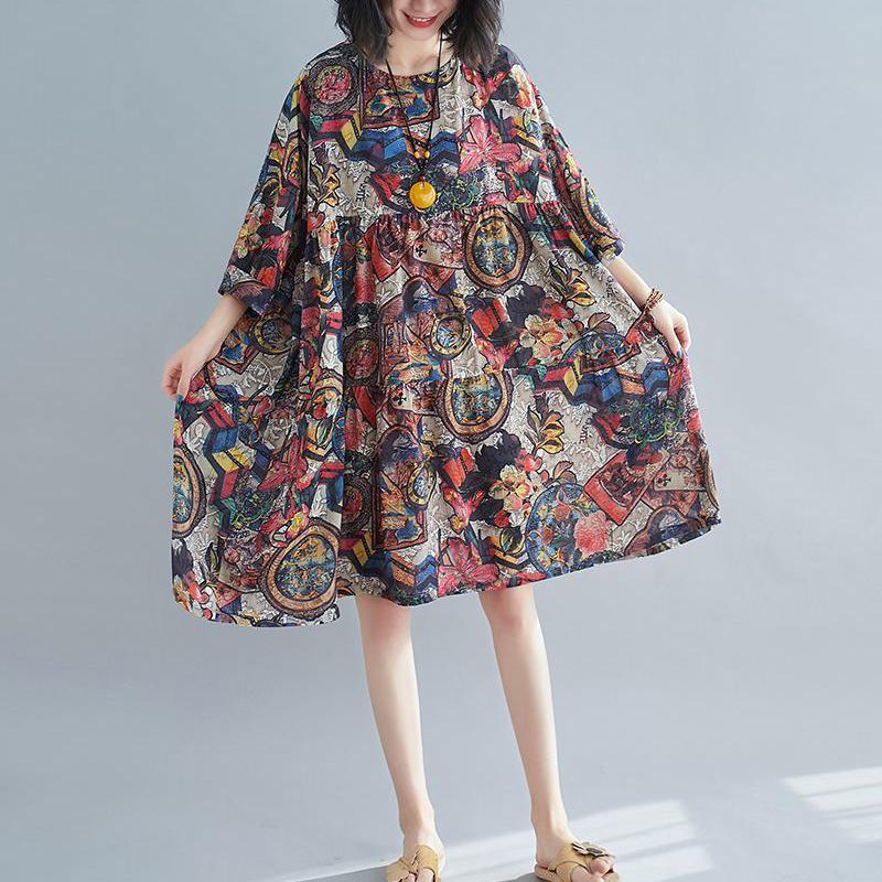 WTEMPO Plus Size Cotton and Linen Printing Women Dress Summer Round Neck Long Casual Knee-length Dress