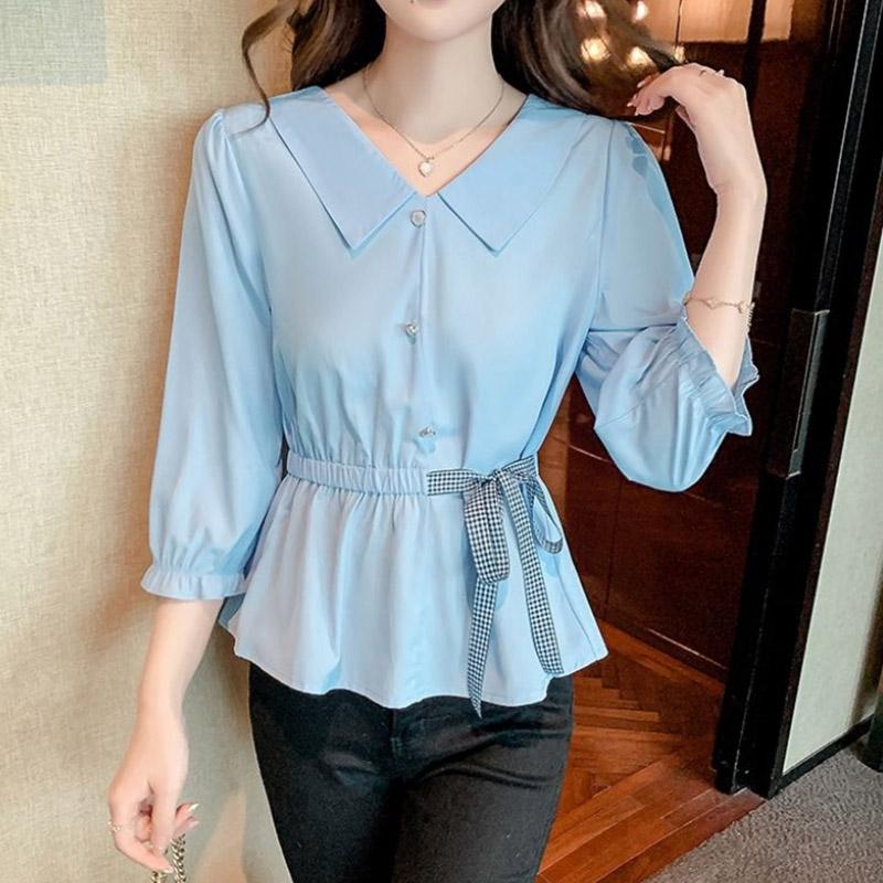 Doll Collar Shirt Women's Summer Lace Waist Cover Belly Shirt Three-quarter Sleeves