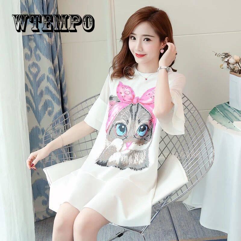 Women's Summer Boho Cute Cat Printed Short Sweet Cotton Linen Mori Girl Dress