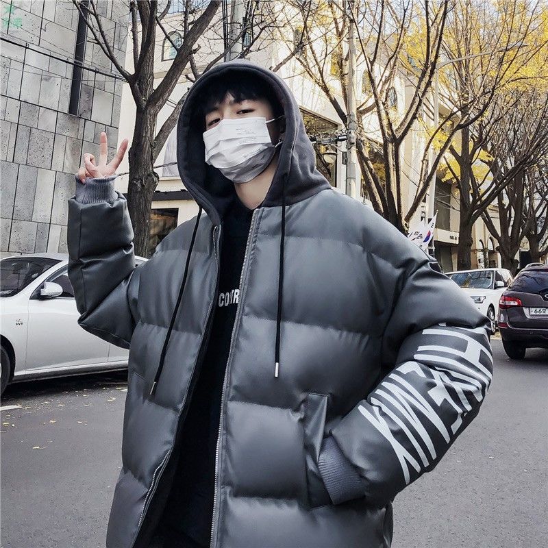 Winter Men's PU Leather Jacket Korean Version of The Trendy Student Hooded Jacket Loose Fashion College Style Cotton Jacket