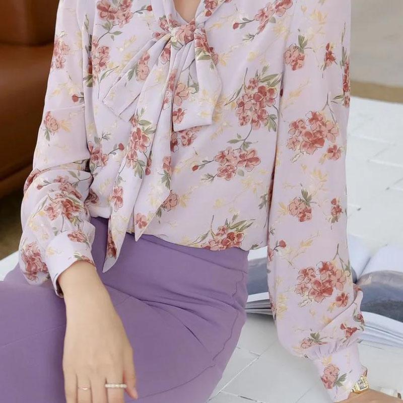 Women's Spring and Autumn Chiffon Print Loose Shirt Bow Long Sleeve Top