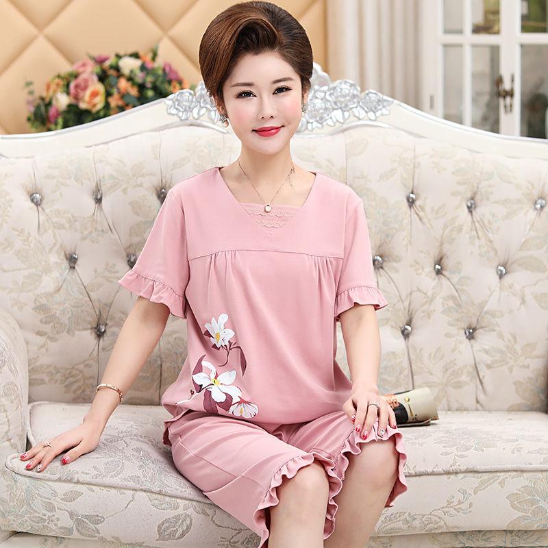 Summer Short-sleeved Middle-aged Women's Pajamas Cropped Pants Suit Oversized Loose Cotton Loungewear