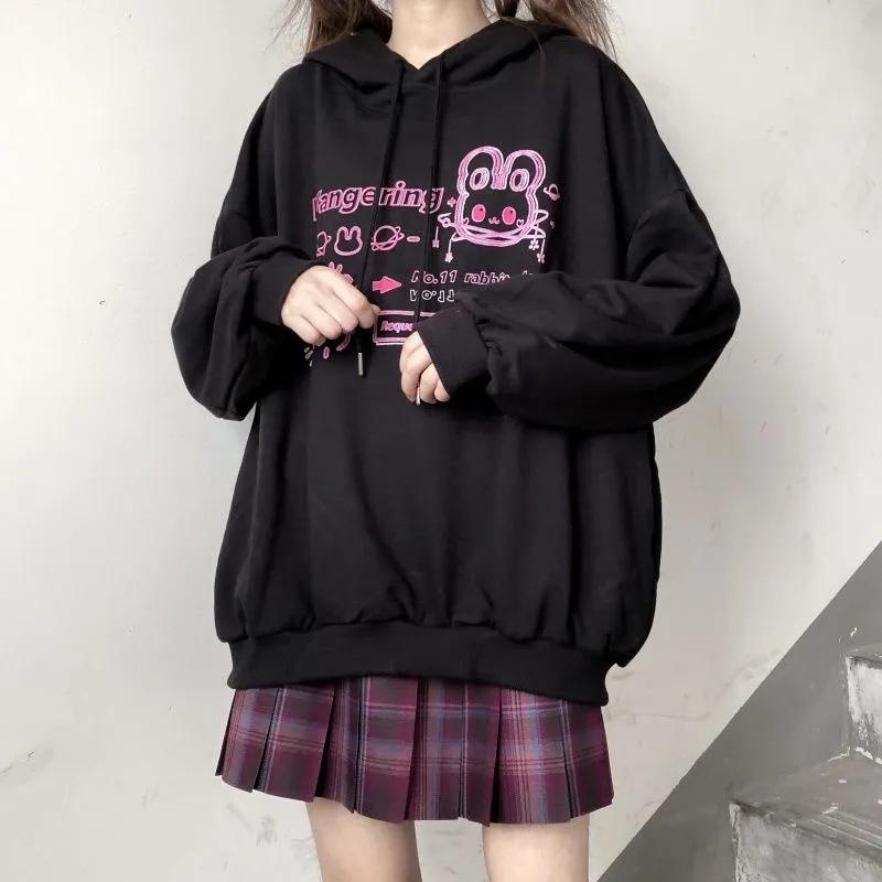 Sweatshirts Anime Hoodies Pink Cartoon Printed Hooded Tops Black Fashion Streetwear Fall Winter Pullover Hoodies Loose Harajuku Hip Hop Sweatshirt