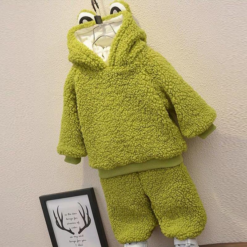 Lamb Wool Autumn and Winter Clothes Girls Thickening Suit Male Baby Plus Velvet Two-piece Baby Children's Clothing