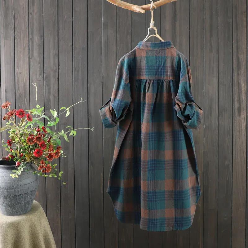Plaid Cotton Shirt Women's Long-sleeved Casual Mid-length Loose Women's Shirt Slimming Cardigan Jacket Fabric Is Soft and Breathable