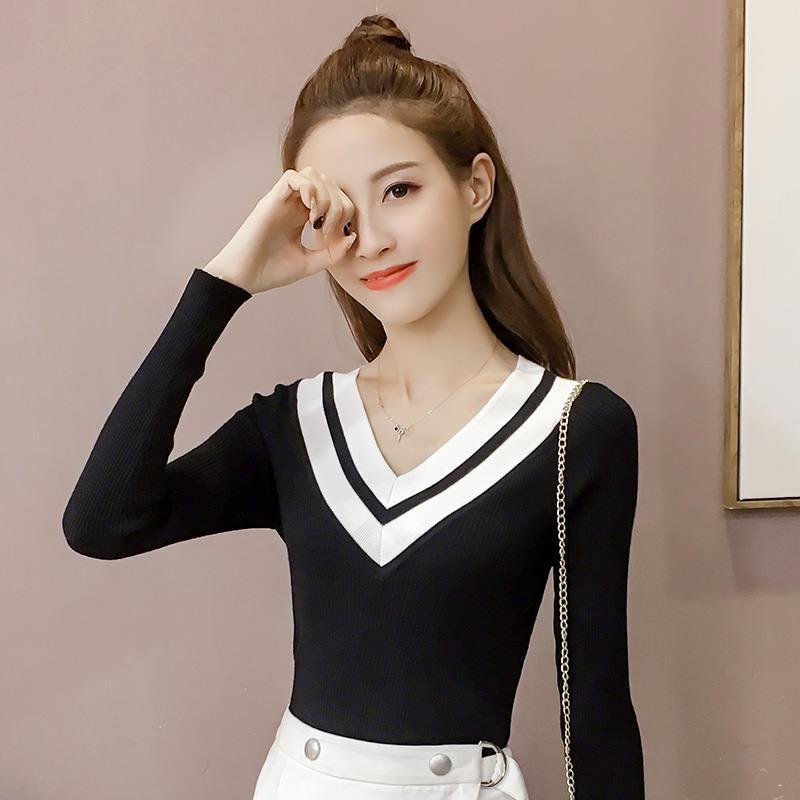 Autumn/winter Sweater Women Short Stitching V-neck Slim Slimming Long-sleeved Pullover Sweater Bottoming Shirt Women