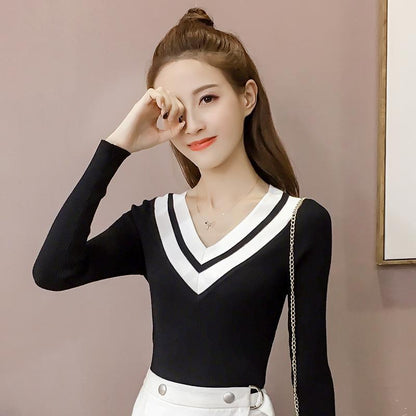 Autumn/winter Sweater Women Short Stitching V-neck Slim Slimming Long-sleeved Pullover Sweater Bottoming Shirt Women