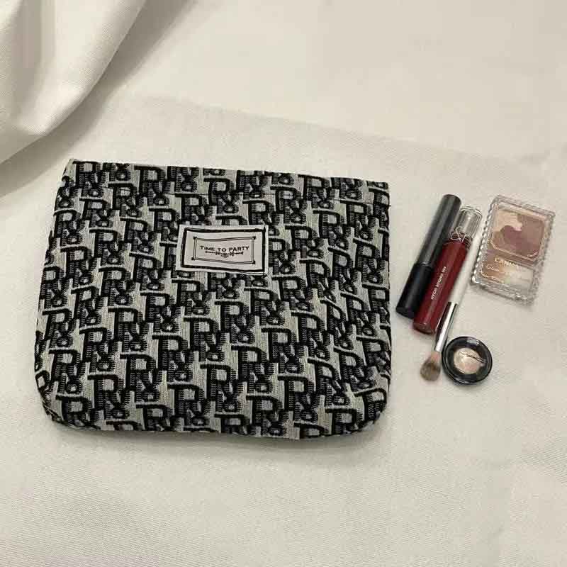 Blue Jacquard Cosmetic Bag Women's Retro Literary Simple and Elegant Flowers Convenient Small Bag