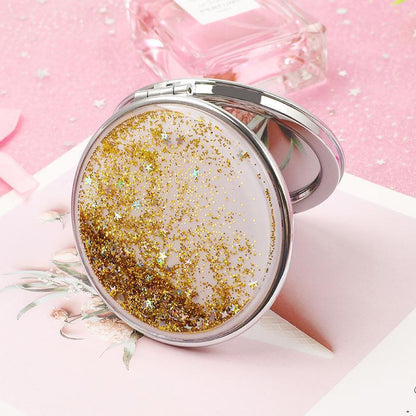 Hand-held Makeup Mirror Mini Vanity Mirror Schoolgirl Woman Flip Foldable Easy To Carry  Quicksand Sequins Small Round Mirror
