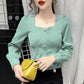 Women's Spring and Autumn Long Sleeve Square Collar Loose Solid Color Short Top