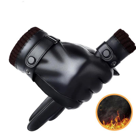 A Pair of Leather Gloves Men's Winter Plus Velvet Thick Warm Touch Screen Cycling Gloves