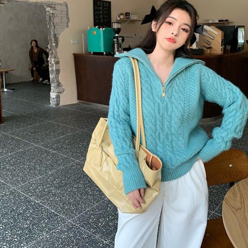 Retro Twist Zipper High Neck Pullover Sweater Women Loose Long-sleeved Lapel Cropped Top Autumn Winter