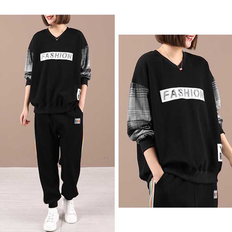 Sweatshirts Women's Spring and Autumn Large Size Loose V-neck Letter Printing Casual Plaid Stitching Long-sleeved Sweater