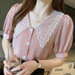 Short-sleeved T-shirt Women's Summer Loose Solid Color Lace V-neck Shirt Top