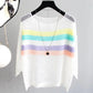 Women's Spring Summer Loose Thin Pullover Sweater Female Chic Contrast Color Striped Hollow Knitted Sunscreen Blouse Tops