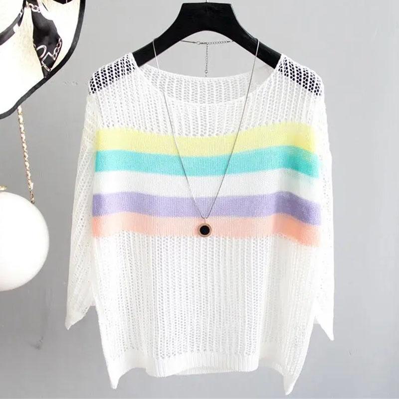Women's Spring Summer Loose Thin Pullover Sweater Female Chic Contrast Color Striped Hollow Knitted Sunscreen Blouse Tops