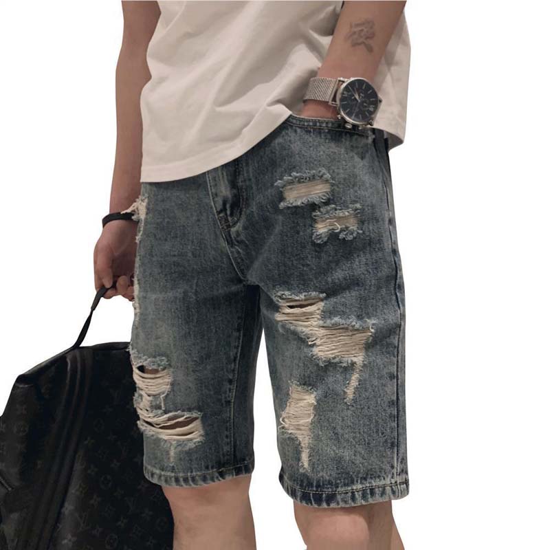 Summer Jeans Male Personality Fashion Ripped Five-point Denim Shorts Wild Handsome Pants